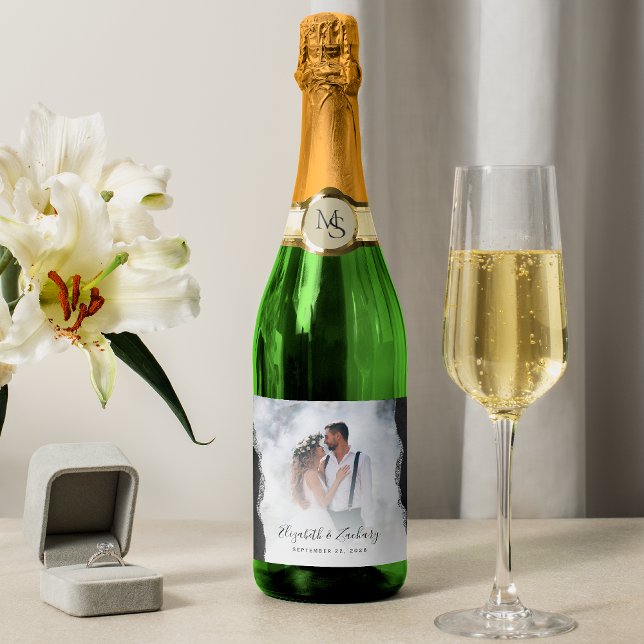 Wedding Photo Black Silver Agate Sparkling Wine Label (Creator Uploaded)