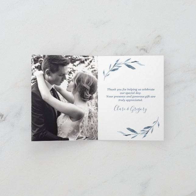 Wedding Photo Blue and White Watercolor  Thank You Card (Inside)
