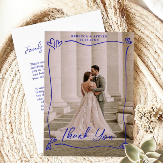 Wedding Photo Blue Doodle Heart Overprint Border Thank You Card (Creator Uploaded)