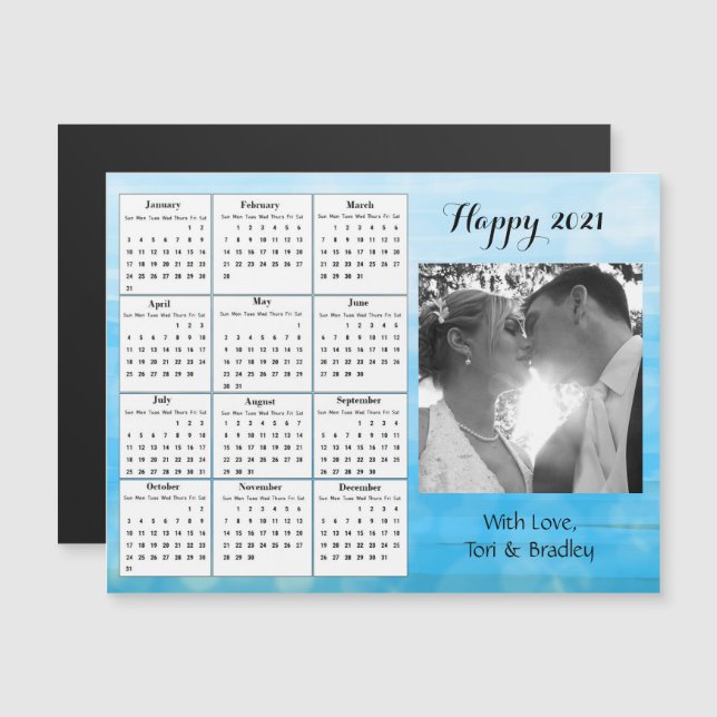 Wedding Photo Blue Gradient  Mini 2021 Calendar Magnetic Invitation (Front/Back)