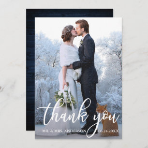 Wedding Photo Blue Wood Thank You Card