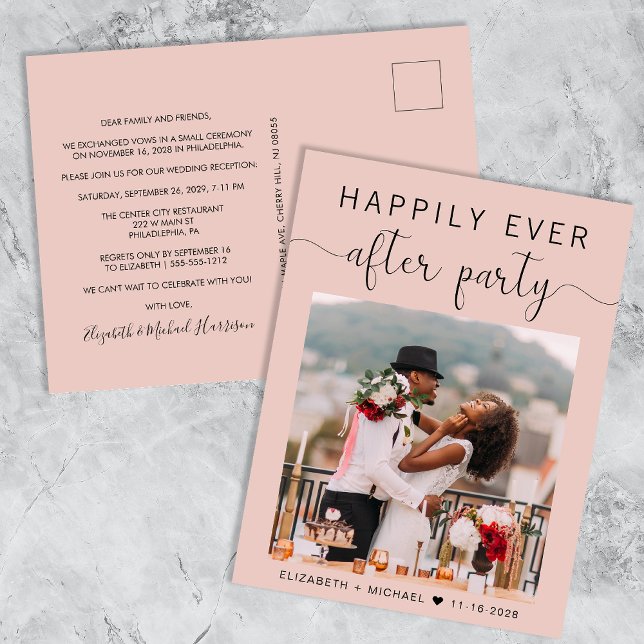 Wedding Photo Blush Happily Ever After Party Invitation Postcard (Creator Uploaded)
