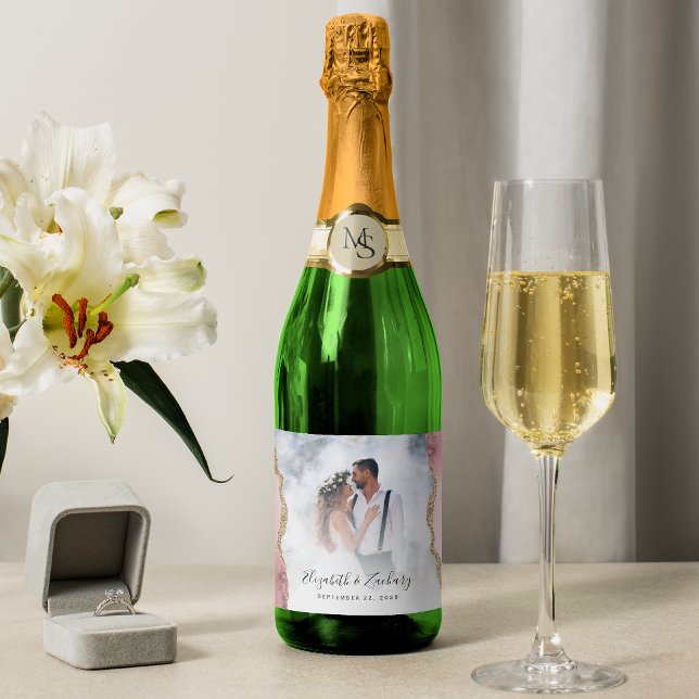 Wedding Photo Blush Pink Gold Agate Sparkling Wine Label (Creator Uploaded)