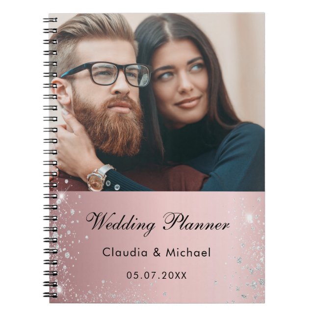 Wedding photo  blush pink silver glitter bride notebook (Front)