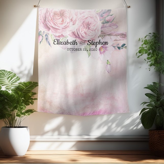 Wedding Photo Booth Backdrop Boho Floral Feathers Tapestry (Creator Uploaded)