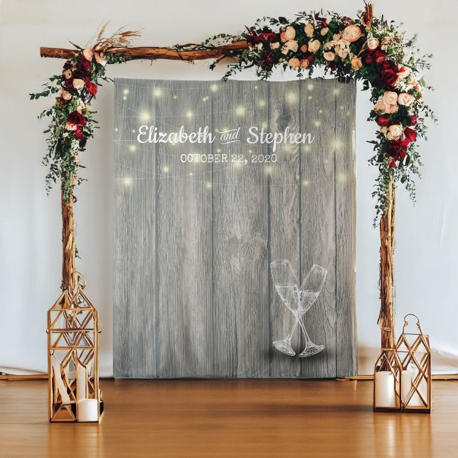 Wedding Photo Booth Backdrop Champagne Glass Wood Tapestry (Creator Uploaded)