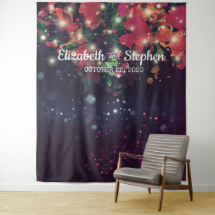 Wedding Photo Booth Backdrop Floral String Lights Tapestry
