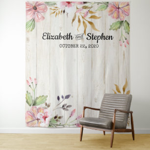 Wedding Photo Booth Backdrop Flowers Rustic Wood Tapestry