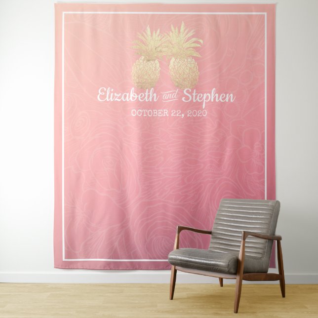 Wedding Photo Booth Backdrop Gold Pineapple Couple Tapestry (In Situ)
