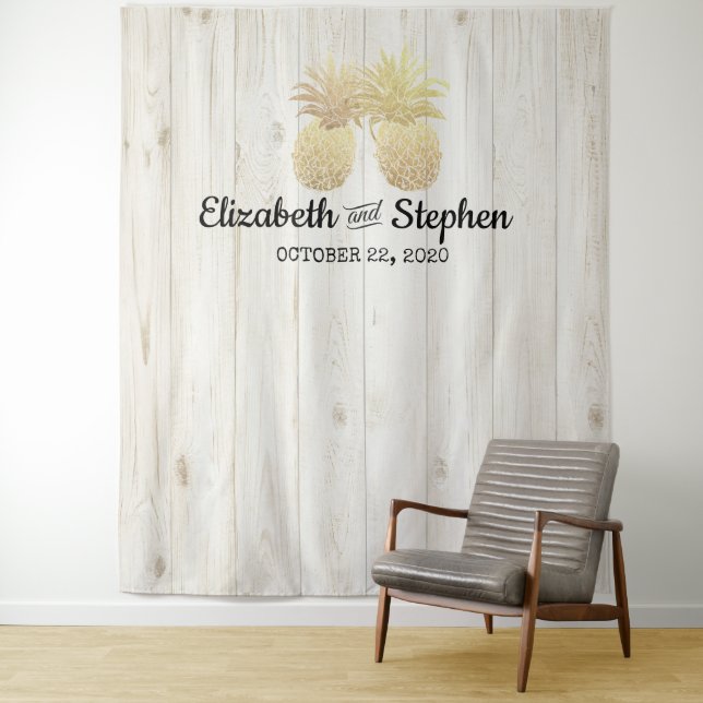 Wedding Photo Booth Backdrop Gold Pineapple Couple Tapestry (In Situ)