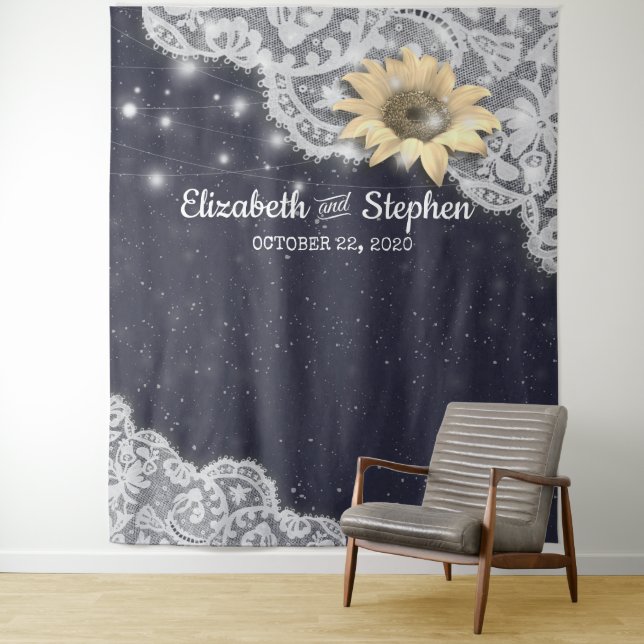 Wedding Photo Booth Backdrop Lace Sunflower Lights Tapestry (In Situ)