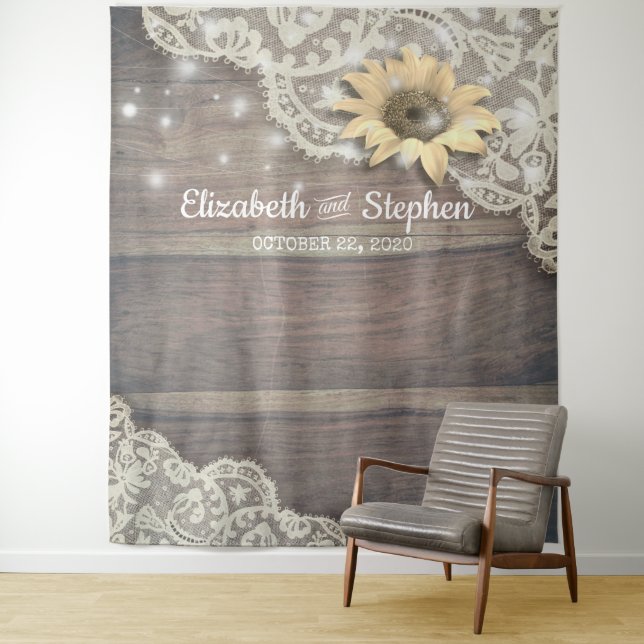 Wedding Photo Booth Backdrop Lace Sunflower Wood Tapestry (In Situ)