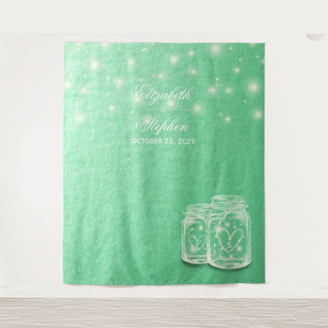 Wedding Photo Booth Backdrop Mason Jars Green Gold Tapestry (Front)