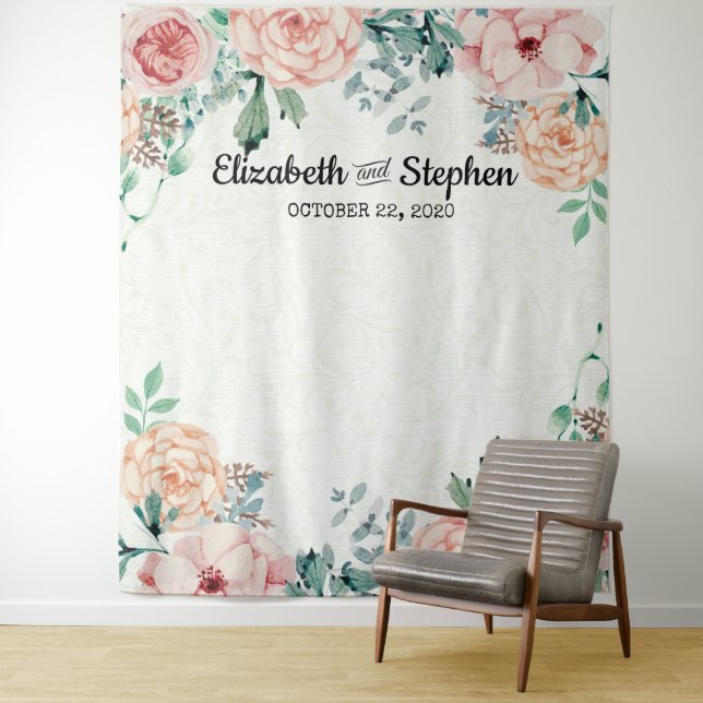 Wedding Photo Booth Backdrop Watercolor Floral Tapestry (In Situ)