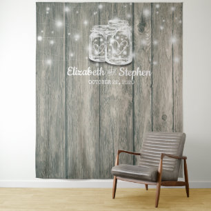 Wedding Photo Booth Backdrop Wood Mason Jar Lights Tapestry