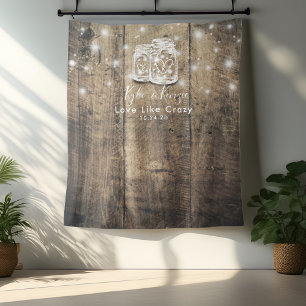 Wedding Photo Booth Backdrop Wood Mason Jar Lights Tapestry