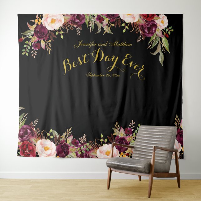 Wedding Photo Booth Burgundy Floral Black Gold Tapestry (In Situ (Horizontal))