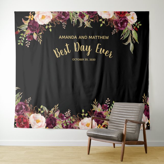 Wedding Photo Booth Burgundy Floral Gold Black Tapestry (In Situ (Horizontal))