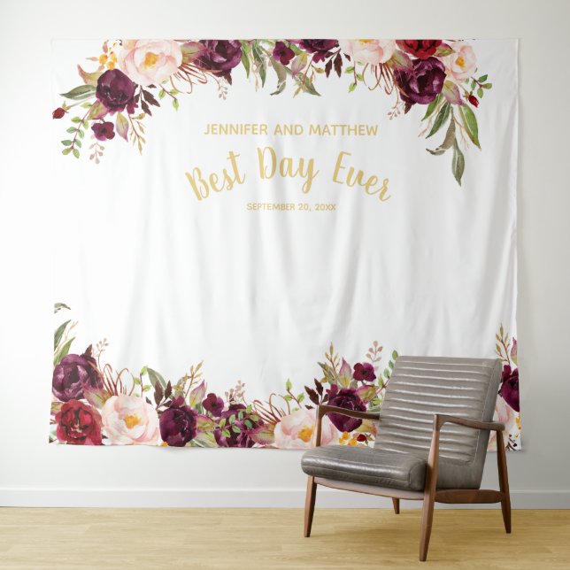 Wedding Photo Booth Burgundy Floral Gold Tapestry (In Situ (Horizontal))