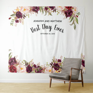 Wedding Photo Booth Burgundy Red Floral Watercolor Tapestry