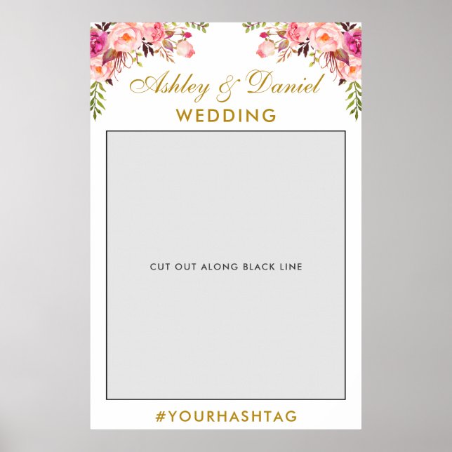 Wedding Photo Booth Prop | Gold Pink Floral Poster (Front)