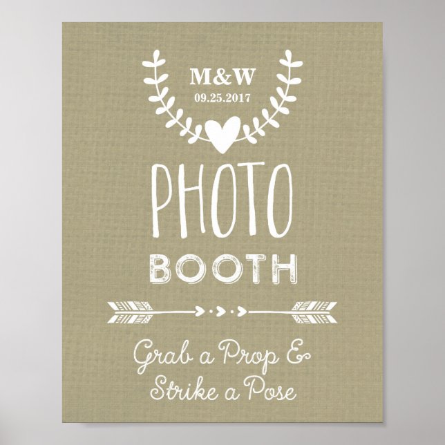 Wedding Photo Booth Sign Burlap Hearts Arrows (Front)