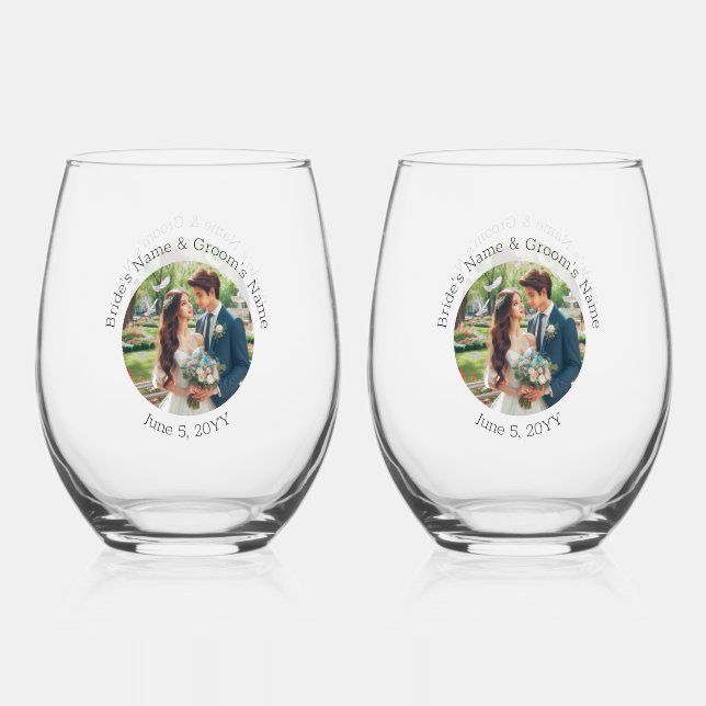 Wedding Photo Bride Groom Personalised Elegant Stemless Wine Glass (Front)