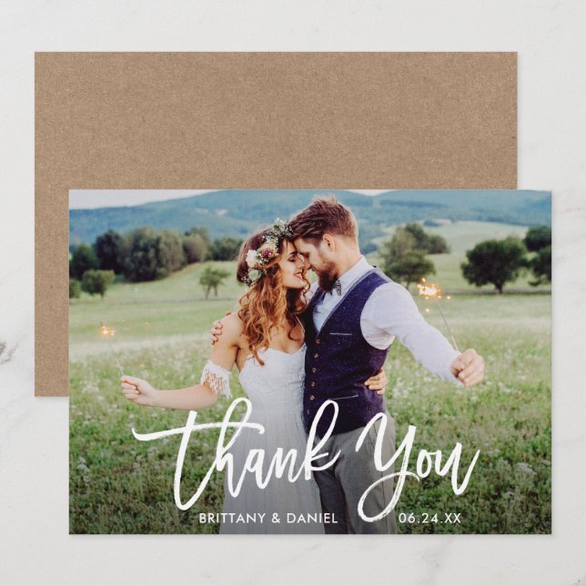 Wedding Photo Brush Script Kraft Thank You Card (Front/Back)