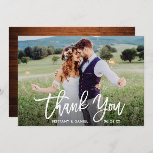 Wedding Photo Brush Script Wood Thank You Card