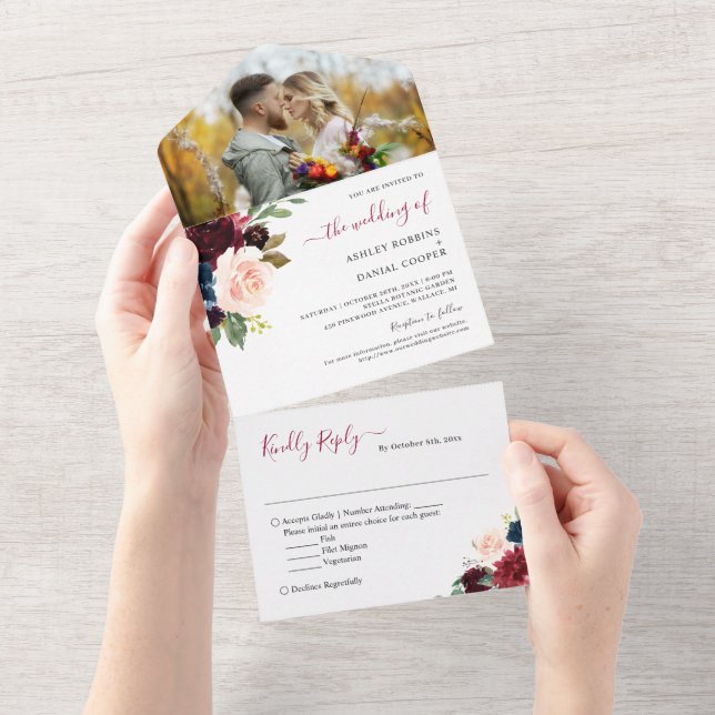 Wedding Photo Burgundy Blush Botanical Floral All In One Invitation (Tearaway)