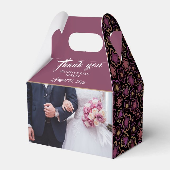 Wedding Photo Burgundy Flower Pattern Thank you  Favour Box (Front Side)