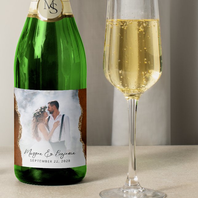 Wedding Photo Burnt Orange Gold Agate Script Sparkling Wine Label (Creator Uploaded)
