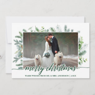 Wedding Photo Calligraphy Christmas Pine Greenery Holiday Card