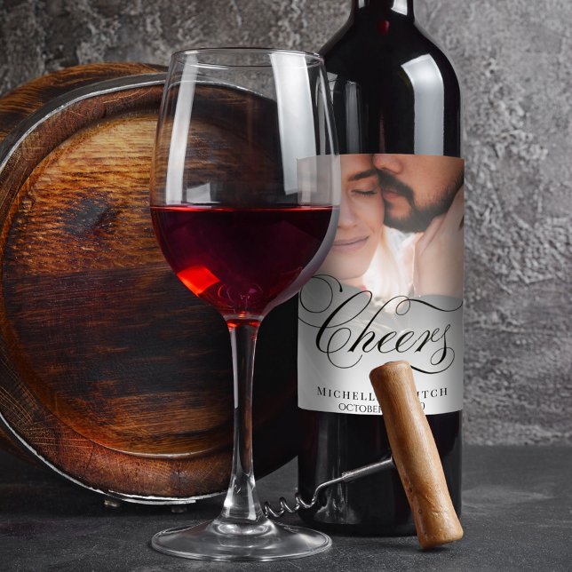Wedding Photo Calligraphy Script Cheers Classic Wine Label (Wedding wine label "Cheers" custom photo label. )