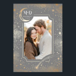 Wedding Photo Celestial Light Grey Stars Moon Poster<br><div class="desc">A celestial-themed wedding photo print featuring a grey and gold design with a crescent moon,  shooting stars,  night sky clouds,  and constellations. This personalised keepsake,  complete with your initials and your favourite photo,  is perfect for hanging in your bedroom. It also makes a beautiful engagement photo poster.</div>