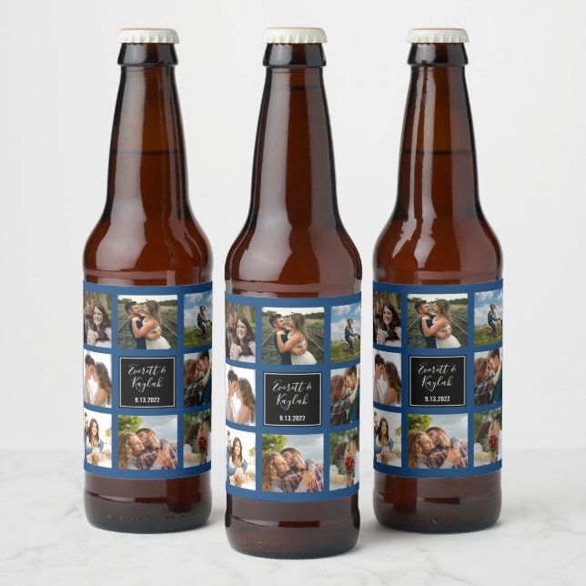 Wedding photo collage black and blue beer bottle label (Bottles)
