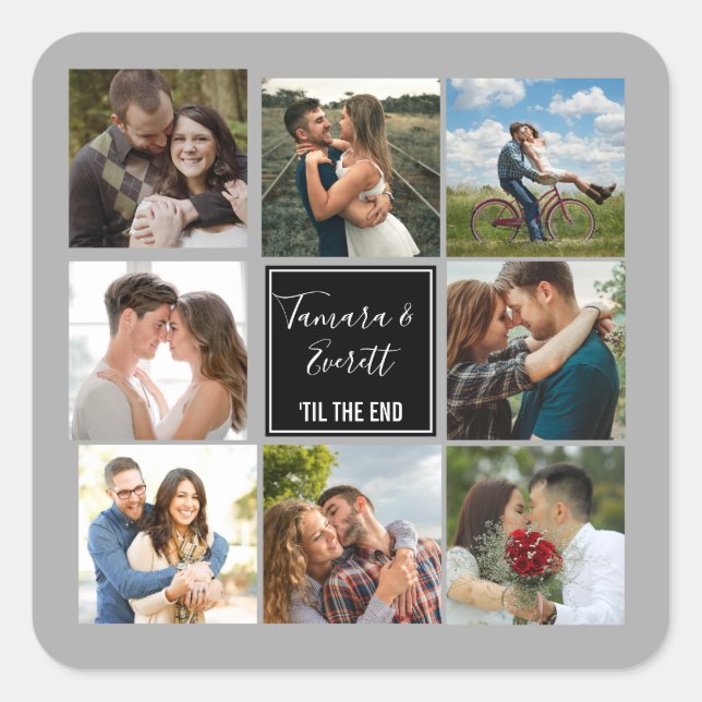 Wedding photo collage black and grey square sticker (Front)