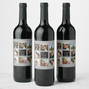 Wedding photo collage black and grey wine label