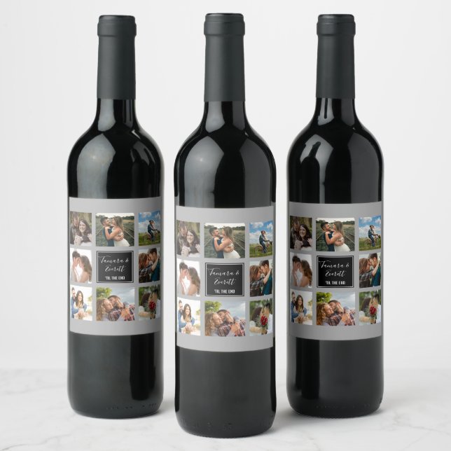 Wedding photo collage black and grey wine label (Bottles)