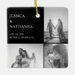 Wedding Photo Collage | Black Christmas Ceramic Ornament<br><div class="desc">This keepsake ornament makes for a special favour for your wedding guests. Design features three photos over a black background on the front and one full bleed photo on the back. Use the template to add your names, wedding date and venue. This Christmas ornament also makes a great gift to...</div>