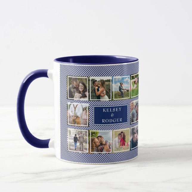 Wedding Photo Collage Blue and White Striped  Coff Mug (Left)
