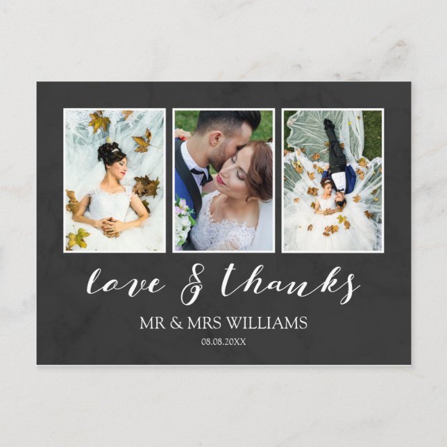 Wedding Photo Collage | Charcoal Love & Thanks Postcard (Front)