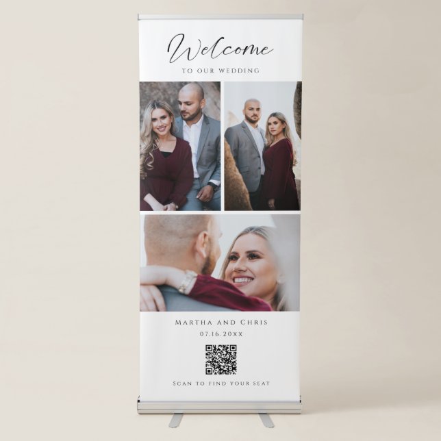 Wedding Photo Collage Custom Name QR Code Welcome Retractable Banner (Front)
