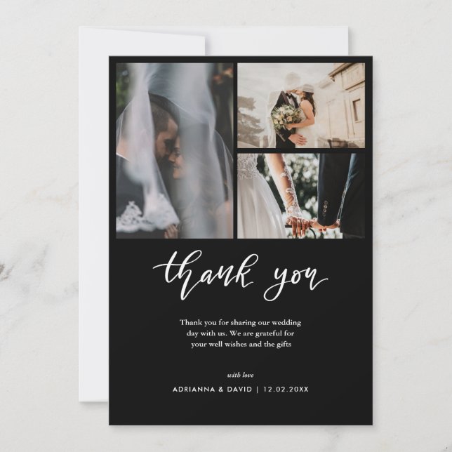 Wedding Photo Collage Elegant Black Thank you (Front)