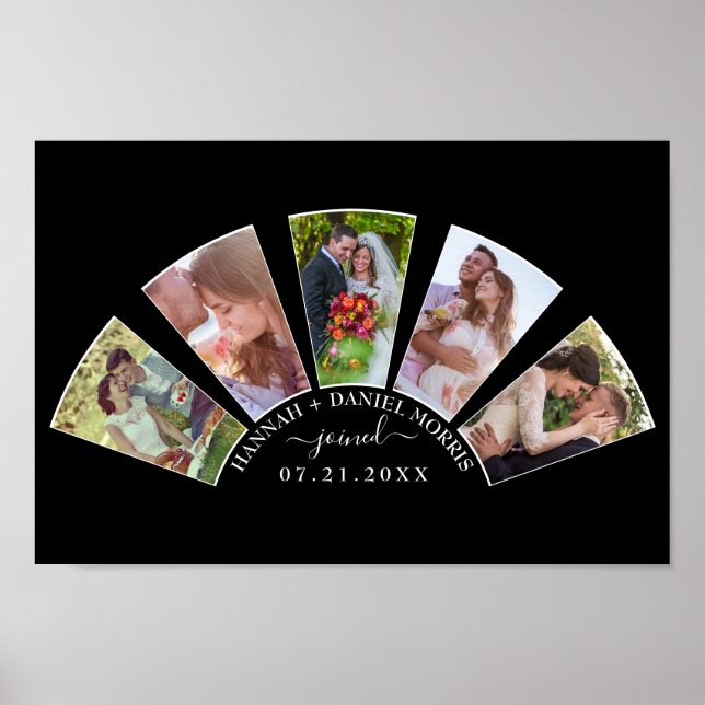 Wedding Photo Collage Fan Shape Custom Name Black Poster (Front)