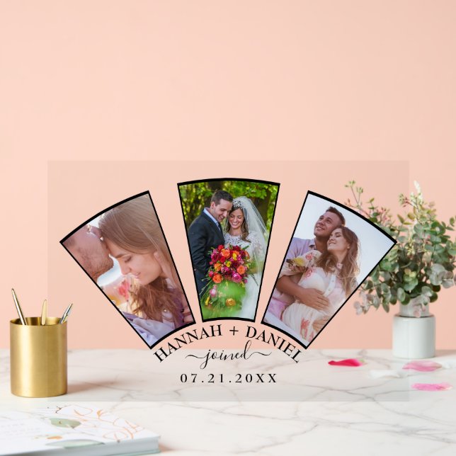Wedding Photo Collage Fan Shape Custom Name Date Acrylic Sign (Wedding)