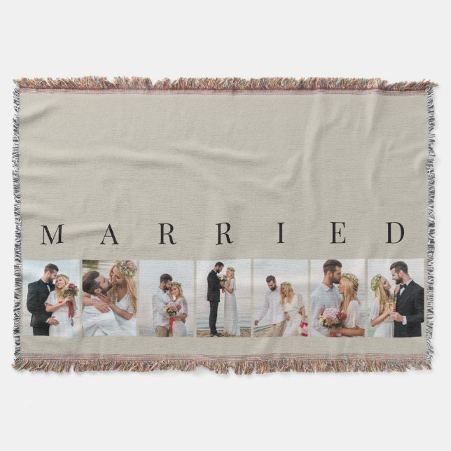 Wedding Photo Collage MARRIED Natural 7 Picture Throw Blanket (Front)