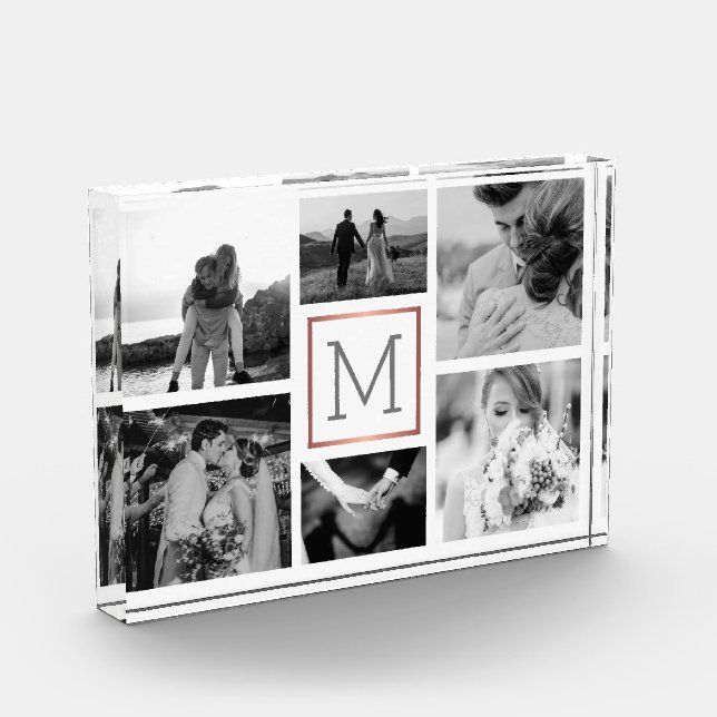 Wedding Photo Collage Monogram Black & White Block (Left)