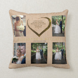 Wedding Photo Collage Rustic Hessian Heart Quote   Cushion