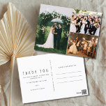 Wedding Photo Collage Thank You Postcard<br><div class="desc">Beautiful wedding thank you card featuring three of your favorite wedding celebration photos. A budget friendly way to say thank you and share the happiness of your big day with your friends and family. The front side of this card has a collage with white script "thank you" design - upload...</div>